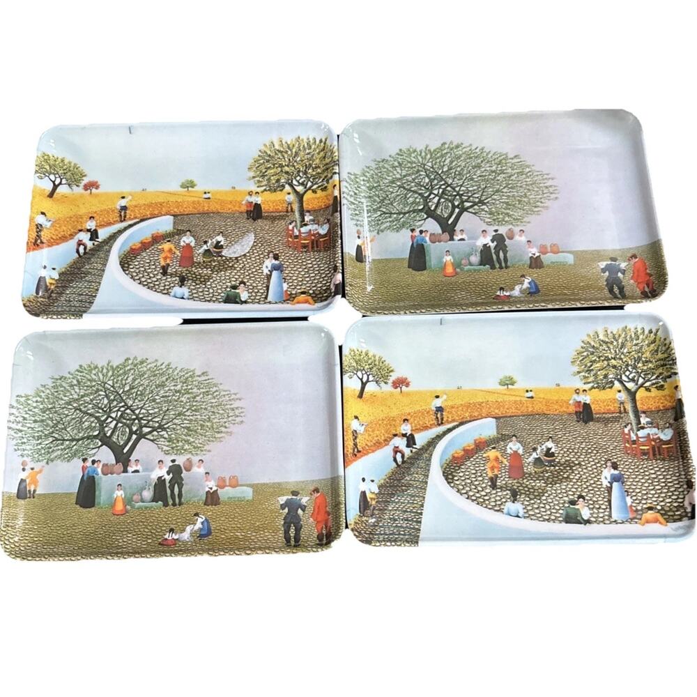 Vintage Cesare Novi Italian Melamine Tray Set Of 4 FolkArt Scenes Naive Art 6”x4